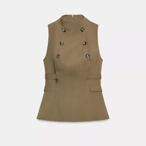 Zara NWT Structured Sleeveless Military Button Top High Neck Sleeveless Sz XS